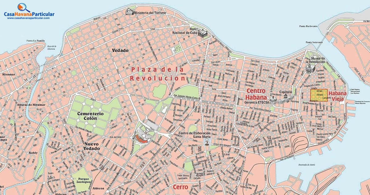 miesto gatvių žemėlapis Havana, Kuba